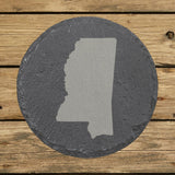 Mississippi round slate coaster with the full state shape engraved