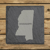 Mississippi square slate coaster engraved with the state shape and MISSISSIPPI in bold lettering