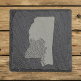 Mississippi square slate coaster engraved with the state shape in ornate floral scrollwork