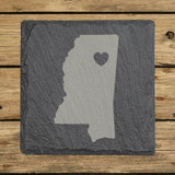 Mississippi square slate coaster engraved with the state shape and a heart