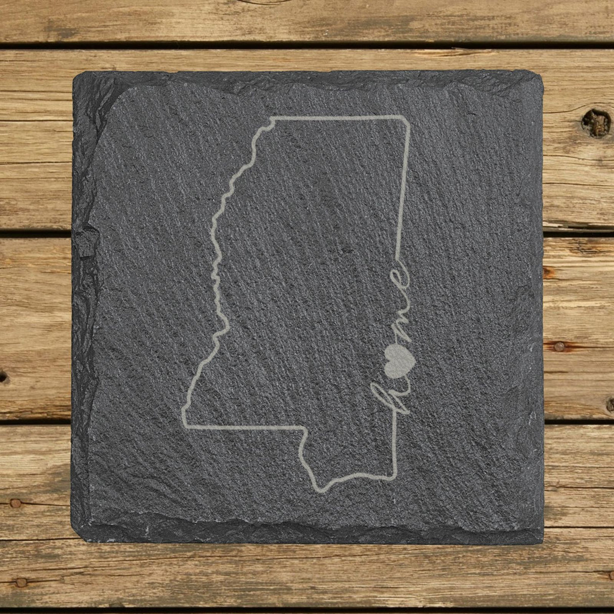 Mississippi square slate coaster engraved with the state outline and home in script with a heart