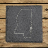 Mississippi square slate coaster engraved with the state outline and home in script with a heart
