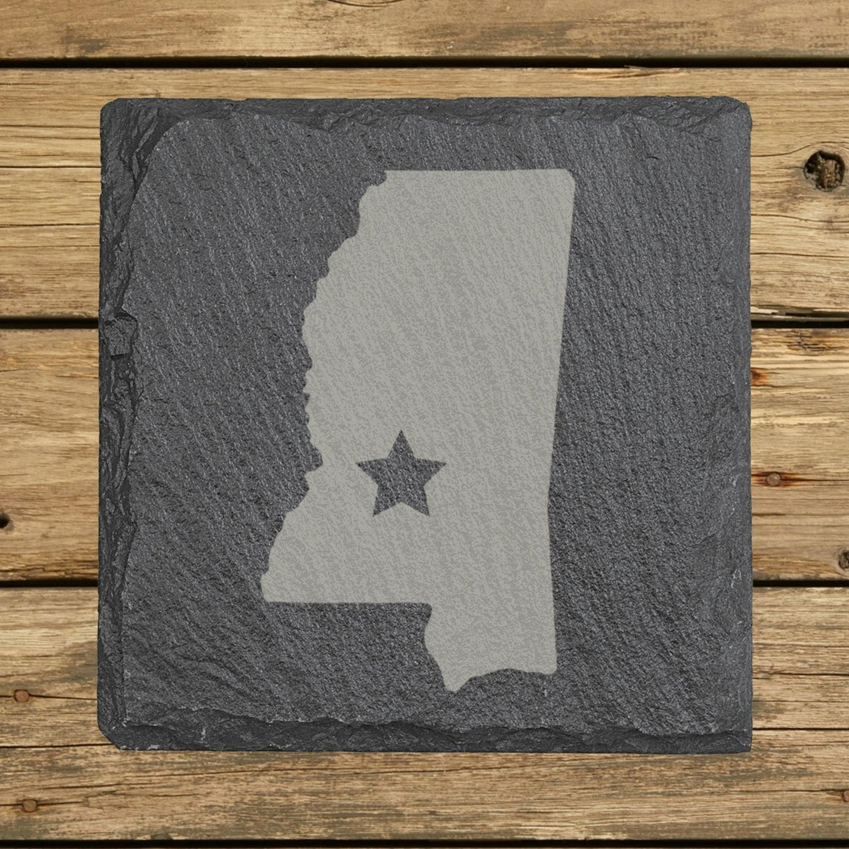 Mississippi square slate coaster engraved with the state shape and a star