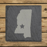 Mississippi square slate coaster engraved with the state shape and a star