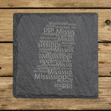 Mississippi square slate coaster engraved with a word cloud of repeating Mississippi text