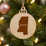 Mississippi round wood Christmas ornament engraved with the state shape and MISSISSIPPI in bold lettering