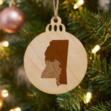 Mississippi round wood Christmas ornament engraved with the state shape in ornate floral scrollwork