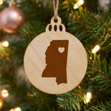Mississippi round wood Christmas ornament engraved with the state shape and a heart