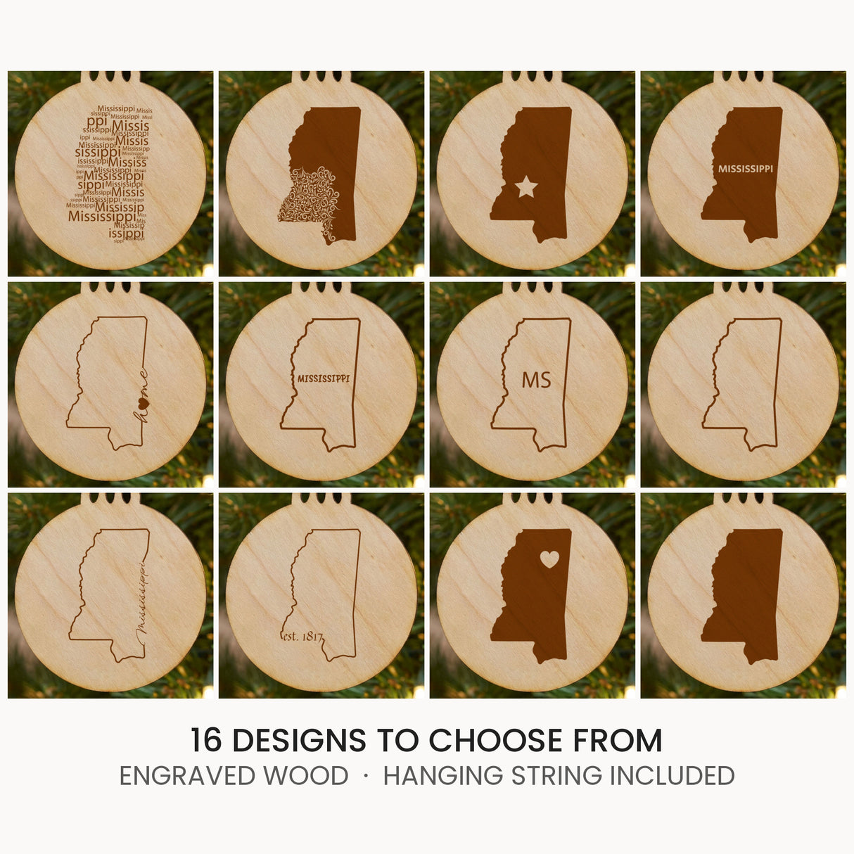 Mississippi wood Christmas ornament, laser engraved natural wood