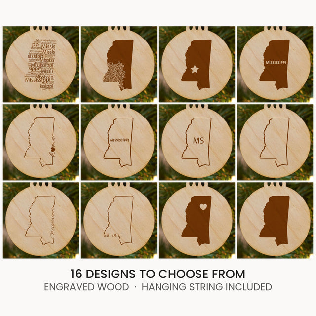 Mississippi wood Christmas ornament, laser engraved natural wood