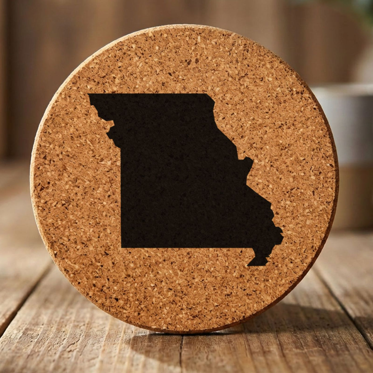 Missouri round cork coaster with the full state shape engraved