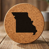 Missouri round cork coaster with the full state shape engraved