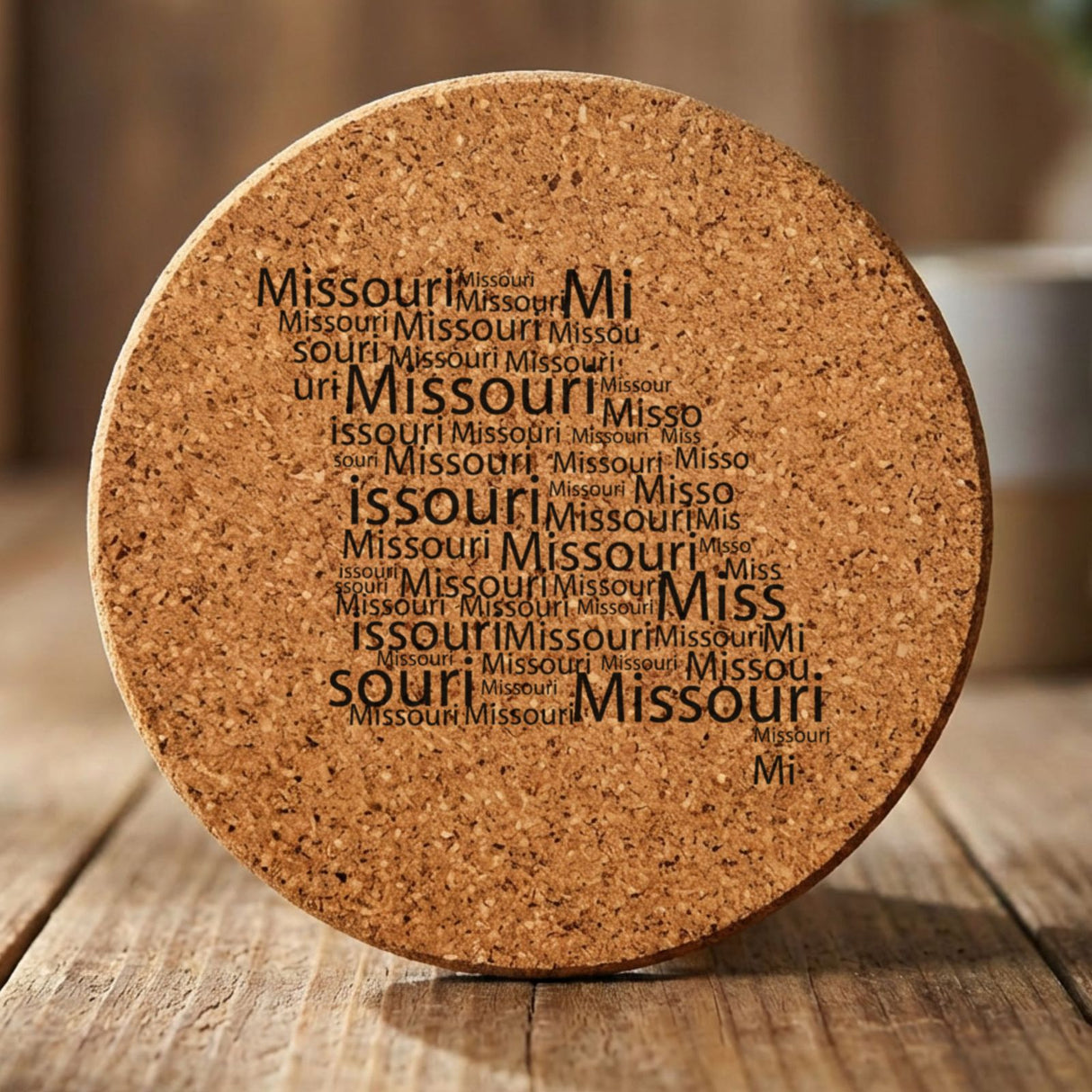 Missouri round cork coaster engraved with a word cloud of repeating Missouri text