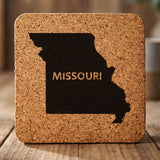 Missouri square cork coaster engraved with the state shape and MISSOURI in bold lettering