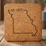 Missouri square cork coaster engraved with the state outline and est. 1821