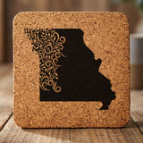 Missouri square cork coaster engraved with the state shape in ornate floral scrollwork