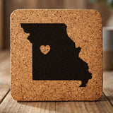 Missouri square cork coaster engraved with the state shape and a heart