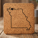 Missouri square cork coaster engraved with the state outline and home in script with a heart