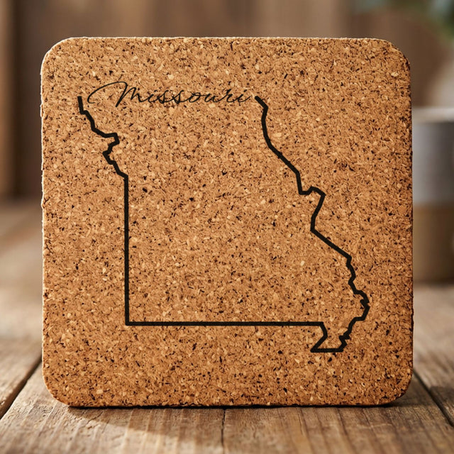 Missouri square cork coaster engraved with the state outline and Missouri in script lettering