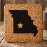 Missouri square cork coaster engraved with the state shape and a star
