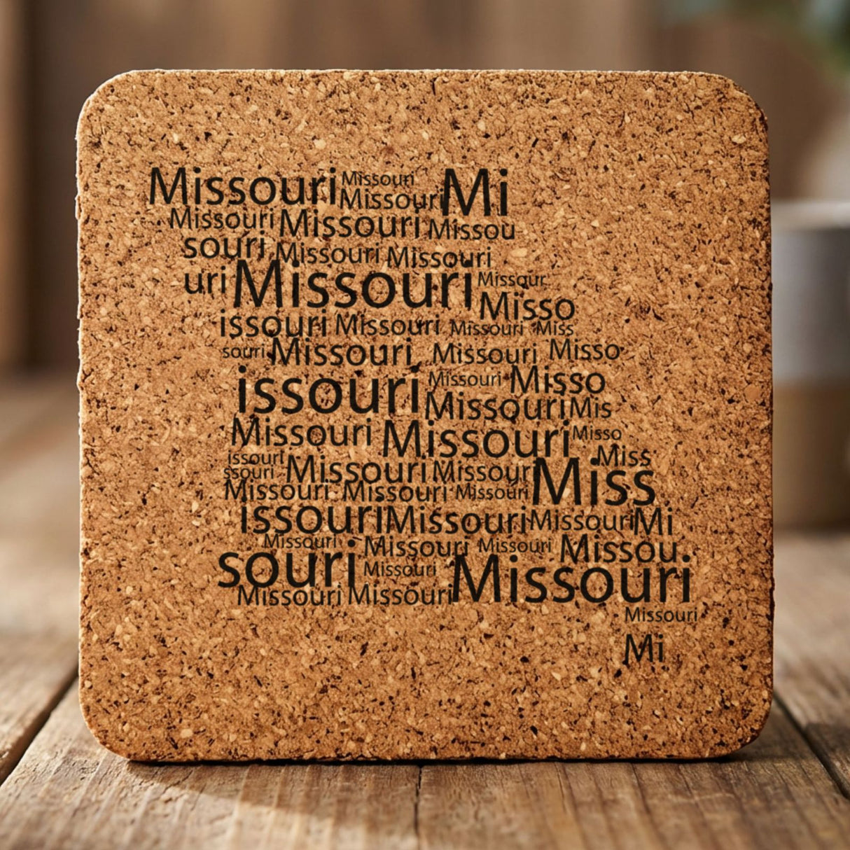 Missouri square cork coaster engraved with a word cloud of repeating Missouri text