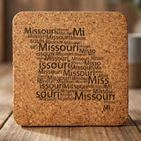 Missouri square cork coaster engraved with a word cloud of repeating Missouri text