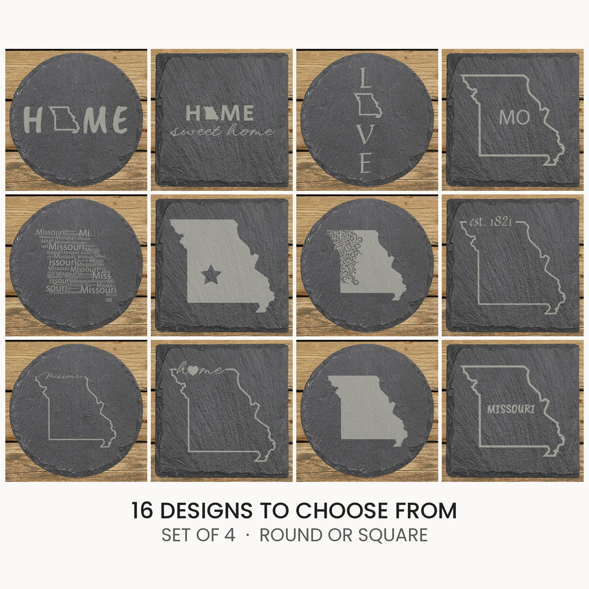 Missouri slate coaster set, laser engraved natural stone