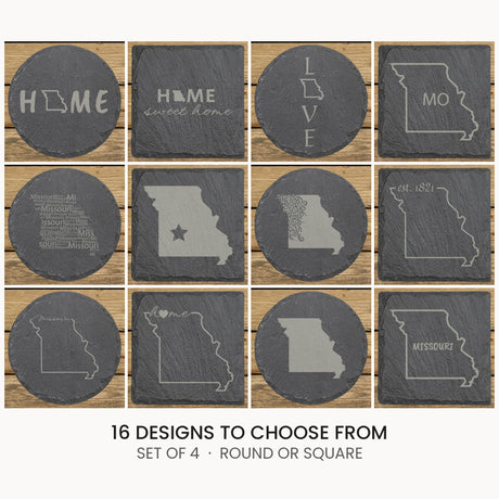 Missouri slate coaster set, laser engraved natural stone