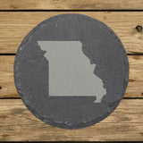 Missouri round slate coaster with the full state shape engraved