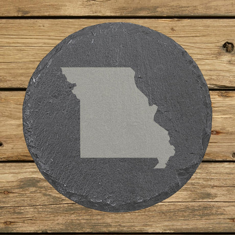 Missouri round slate coaster with the full state shape engraved