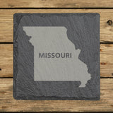Missouri square slate coaster engraved with the state shape and MISSOURI in bold lettering