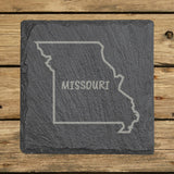 Missouri square slate coaster engraved with the state outline and MISSOURI in hand-drawn brush lettering