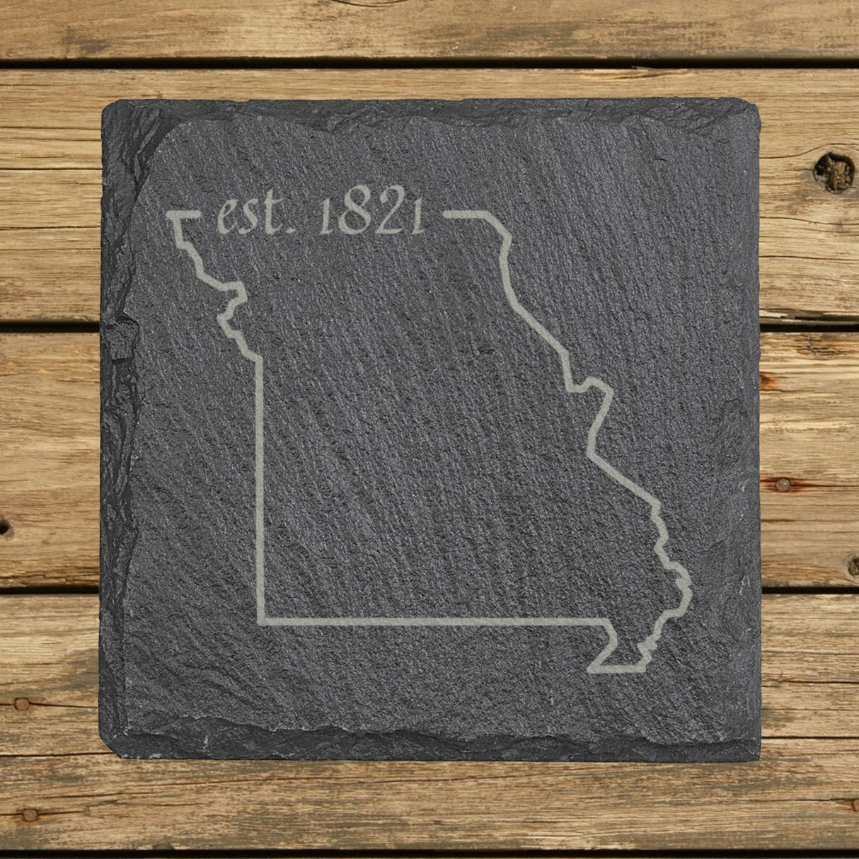 Missouri square slate coaster engraved with the state outline and est. 1821