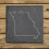 Missouri square slate coaster engraved with the state outline and est. 1821