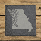 Missouri square slate coaster engraved with the state shape in ornate floral scrollwork