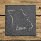Missouri square slate coaster engraved with a hand-drawn state outline and love in cursive