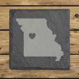 Missouri square slate coaster engraved with the state shape and a heart