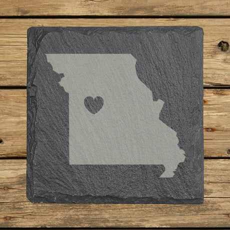 Missouri square slate coaster engraved with the state shape and a heart