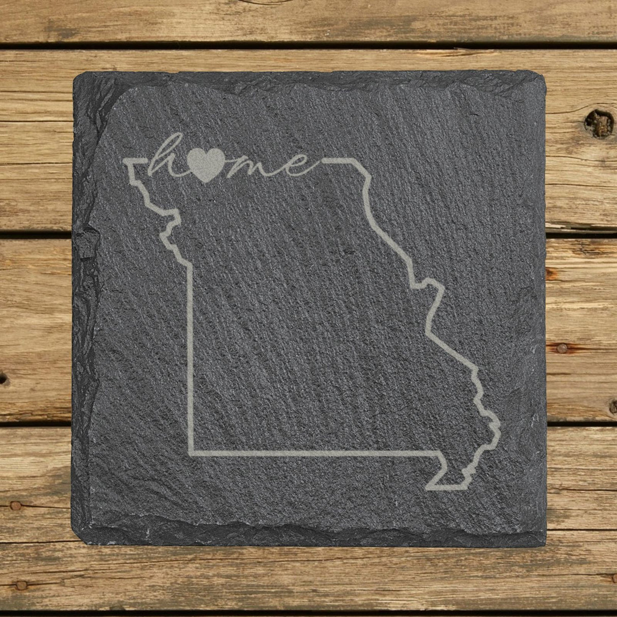 Missouri square slate coaster engraved with the state outline and home in script with a heart