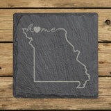 Missouri square slate coaster engraved with the state outline and home in script with a heart