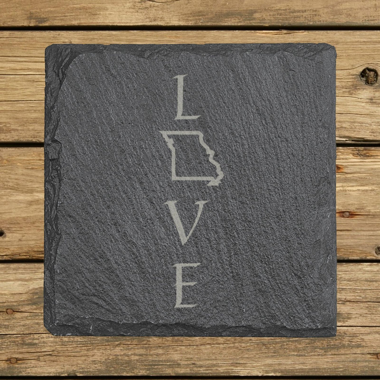Missouri square slate coaster engraved with LOVE stacked vertically using the state as the letter O