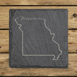 Missouri square slate coaster engraved with the state outline and Missouri in script lettering