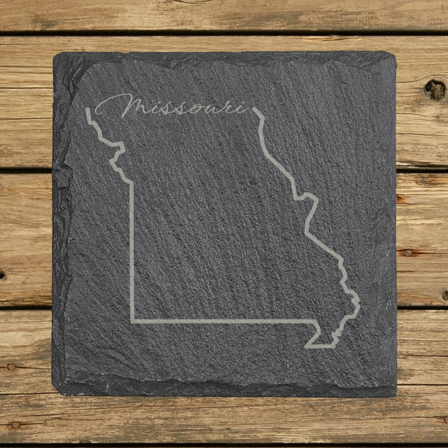Missouri square slate coaster engraved with the state outline and Missouri in script lettering