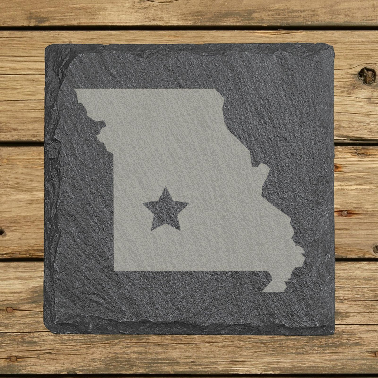 Missouri square slate coaster engraved with the state shape and a star