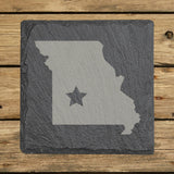 Missouri square slate coaster engraved with the state shape and a star