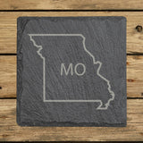 Missouri square slate coaster engraved with the state outline and MO initials
