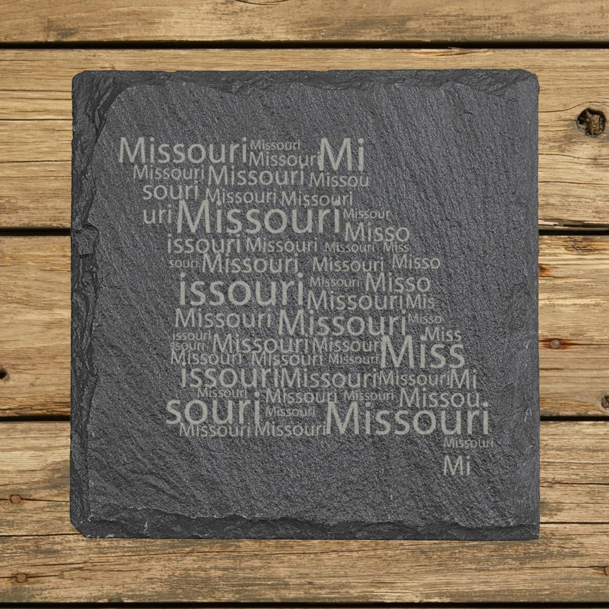 Missouri square slate coaster engraved with a word cloud of repeating Missouri text