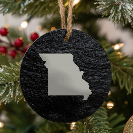 Missouri round slate Christmas ornament with the full state shape engraved