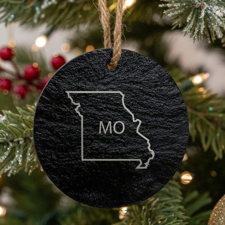 Missouri round slate Christmas ornament engraved with the state outline and MO initials