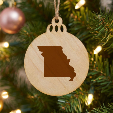 Missouri round wood Christmas ornament with the full state shape engraved